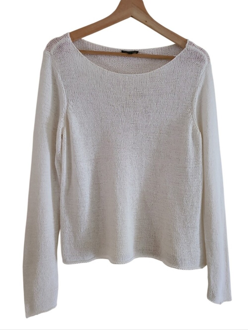 Eileen Fisher Scoop Neck Longsleeve Open Knit See Through Sweater Top White